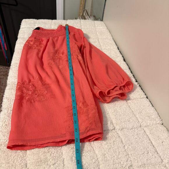 AB Studio Women Size XL Coral Blouse Top Embroidery Floral Fairy Sheer Lined - Picture 9 of 12